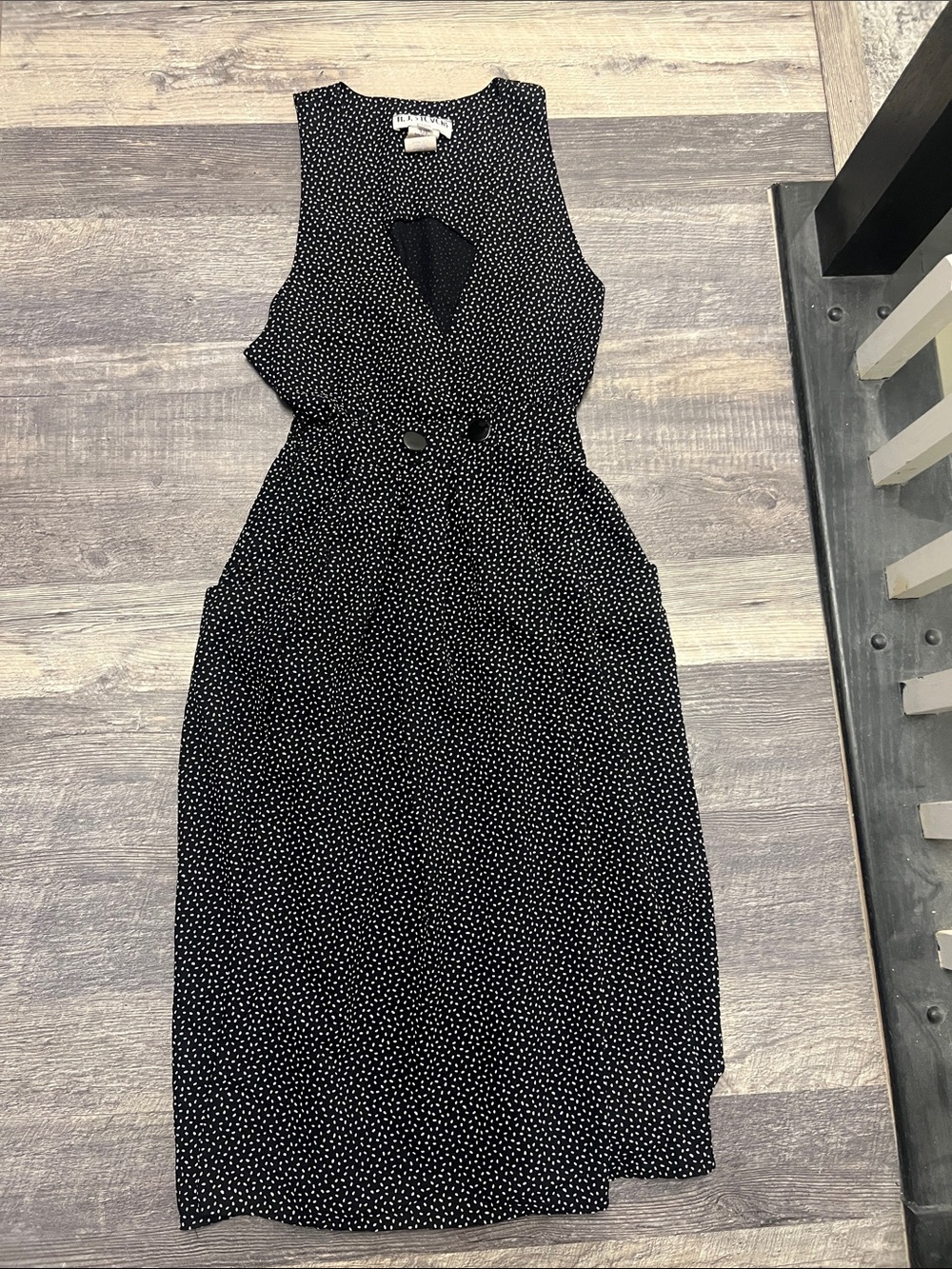 Vintage 90’s Sleeveless Black Midi Dress with White Polka Dots and V Neck